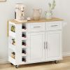 Multi-Functional Kitchen Island Cart with 2 Door Cabinet and Two Drawers,Spice Rack, Towel Holder, Wine Rack, and Foldable Rubberwood Table Top (White