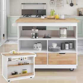 Rolling Kitchen Island with Storage, Two-sided Kitchen island Cart on Wheels with RubberWood Top,Wine and Spice Rack, Large Kitchen Cart with 2 Drawer