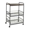 3-Tier Rolling Kitchen Storage Cart with Wood Shelf and Pull-Out Baskets, Black/Walnut