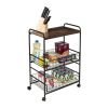 3-Tier Rolling Kitchen Storage Cart with Wood Shelf and Pull-Out Baskets, Black/Walnut