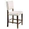 Classic Set of 2pc Counter Height Dining Chairs Ivory Fabric Padded Linen Chairs Upholstered Cushion High Chairs Nailhead Trim Kitchen Dining Room Sol
