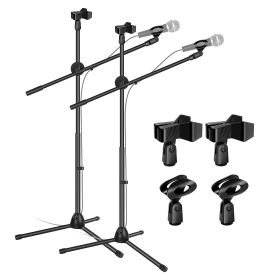 5 Core Microphone Stand Boom w Tripod Base Foldable Adjustable Height Up to 86 Inches 360 Degree Rotating W Dual Mic Holder & Golden Mic Screw Singing (Color: 2Pcs Black)