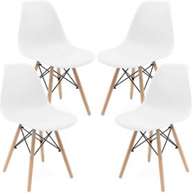 Set of 4 Modern Style Dining Chair, Shell Lounge Plastic Chair for Kitchen, Dining, Bedroom, Living Room Mid-Century Modern Side Chairs with Wooden Wa (Color: White)