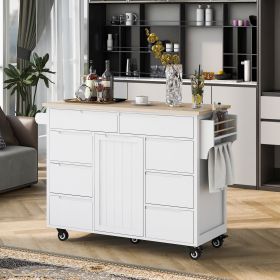 K&K Store Kitchen Cart with Rubber Wood Countertop , Kitchen Island has 8 Handle-Free Drawers Including a Flatware Organizer and 5 Wheels for Kitchen (Color: as Pic)