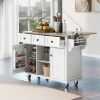 Kitchen Cart with Rubber wood Drop-Leaf Countertop ,Cabinet door internal storage racks,Kitchen Island on 5 Wheels with Storage Cabinet and 3 Drawers